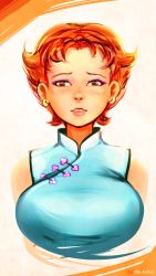 Rule 34 | 1girl, artist name, blue dress, breasts, brown eyes, china dress, chinese clothes, dress, earrings, esper mami, highres, idle antics, jewelry, large breasts, aged up, red hair, sakura mami, short hair, simple background, sleeveless, solo, upper body