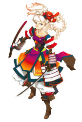 Rule 34 | 1girl, armor, blonde hair, blue eyes, bootes, braid, expressionless, japanese armor, kote, kusazuri, mask, migikiki, original, samurai, simple background, solo, sword, tengu mask, weapon, white background