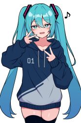 Rule 34 | 1girl, :d, aqua eyes, aqua hair, aqua nails, black thighhighs, blush, bright pupils, collarbone, commentary request, cowboy shot, double-parted bangs, double v, hatsune miku, highres, hood, hoodie, jitome, kumada gaon, long hair, long sleeves, looking at viewer, musical note, no pants, open mouth, simple background, smile, solo, spoken musical note, straight-on, thighhighs, twintails, v, very long hair, vocaloid, white background, white pupils, zettai ryouiki