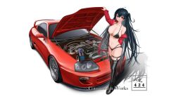 Rule 34 | 1girl, azur lane, bikini, black bikini, black footwear, boots, breasts, car, cleavage, commentary, commission, engine, english commentary, haow, jacket, large breasts, long hair, looking at viewer, motor vehicle, navel, off shoulder, official alternate costume, one side up, parted lips, red eyes, red jacket, shadow, skindentation, smile, solo, spoiler (automobile), sports car, swimsuit, taihou (azur lane), taihou (enraptured companion) (azur lane), thigh boots, thigh strap, toyota, toyota supra, toyota supra mk iv, vehicle focus, very long hair, white background
