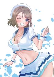 1girl aokiotemoto arms_up blue_eyes blush breasts brown_hair cleavage grey_hair highres love_live! love_live!_sunshine!! midriff navel one_eye_closed open_mouth short_hair simple_background smile solo thighs upper_body watanabe_you wavy_hair