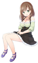 Rule 34 | 1girl, alternative girls, bad id, bad pixiv id, bare legs, bare shoulders, black skirt, blush, breasts, brown hair, butterfly necklace, cleavage, frilled shirt, frilled skirt, frills, full body, green eyes, green shirt, hands on lap, high-waist skirt, hirose koharu, invisible chair, jewelry, long hair, looking at viewer, medium breasts, momotomimi, necklace, no socks, off-shoulder shirt, off shoulder, pendant, purple footwear, shirt, shoes, simple background, sitting, skirt, smile, solo, swept bangs, tareme, white background
