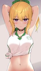 Rule 34 | 1girl, armpits, arms behind head, arms up, black choker, blonde hair, blush, bow, breasts, chloe (princess connect!), chloe (school festival) (princess connect!), choker, cleavage, closed mouth, collarbone, commentary request, gradient background, green bow, grey background, hair bow, highres, kamoto tatsuya, large breasts, looking at viewer, navel, princess connect!, purple eyes, shirt, short hair, short ponytail, sidelocks, sleeveless, sleeveless shirt, solo, stomach, tied shirt, upper body, white shirt