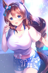 Rule 34 | 1girl, :d, animal ears, blue bow, blue eyes, blue shorts, bow, breasts, brown hair, cowboy shot, cropped arms, floral print, gaze on me! outfit (umamusume), hair bow, highres, horse ears, horse girl, horse tail, large breasts, long hair, looking at viewer, midriff, navel, open mouth, shirt, shizuki aya, short sleeves, shorts, smile, solo, super creek (umamusume), t-shirt, tail, tied shirt, umamusume, very long hair, white shirt