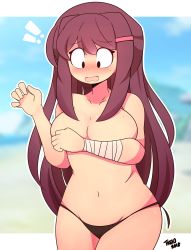Rule 34 | 1girl, absurdres, bandages, belly, bikini, black eyes, blush, breasts, cleavage, covering privates, covering breasts, doki doki literature club, eyebrows, hair ornament, hairpin, highres, large breasts, long hair, open mouth, purple hair, solo, standing, stomach, swimsuit, tkeio, topless, yuri (doki doki literature club)