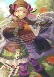 Rule 34 | 1girl, ace (playing card), ace of diamonds, backwards text, black bow, black footwear, black gloves, book, bow, card, diamond (shape), dress, english text, fate/grand order, fate (series), five of spades, flower, food print, four of spades, gloves, hat, hat ribbon, highres, holding, holding book, lolita fashion, long hair, long sleeves, mushroom print, nursery rhyme (fate), open mouth, pink hair, playing card, queen (playing card), queen of hearts (playing card), red flower, red rose, reshi3310, ribbon, rose, solo, teeth, ten of hearts, upper teeth only, very long hair, white hair