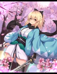 Rule 34 | 1girl, absurdres, ahoge, black bow, black scarf, blonde hair, blush, bow, breasts, commentary request, fate/grand order, fate (series), hair between eyes, hair bow, highres, japanese clothes, kewcut99, kimono, large breasts, looking at viewer, medium breasts, okita souji (fate), okita souji (koha-ace), scarf, short hair, smile, solo, standing, sword, thighhighs, weapon, yellow eyes
