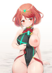Rule 34 | 1girl, amekosame, bare shoulders, blush, breasts, collarbone, competition swimsuit, earrings, hair ornament, jewelry, large breasts, looking to the side, nintendo, nipples, one-piece swimsuit, pussy, pussy peek, pyra (xenoblade), red eyes, red hair, short hair, simple background, sitting, solo, swept bangs, swimsuit, tiara, white background, xenoblade chronicles (series), xenoblade chronicles 2