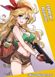 Rule 34 | 1girl, bag, banknote, bare shoulders, bikini, bikini top only, blonde hair, blue eyes, bow, breasts, character name, cleavage, collarbone, cowboy shot, dragon ball, dragon ball (classic), front-tie top, gun, hair bow, holding, holding gun, holding weapon, kuroganezero, long hair, looking at viewer, lunch (bad) (dragon ball), lunch (dragon ball), medium breasts, midriff, money, navel, open mouth, short shorts, shorts, smile, solo, strap gap, swimsuit, twitter username, underboob, weapon