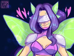 Rule 34 | 1girl, armor, bra, breasts, butterfly hair ornament, butterfly wings, cleavage, digimon, digimon frontier, facial mark, fairimon, hair ornament, insect wings, long hair, looking at viewer, mask, medium breasts, purple bra, purple hair, shoulder armor, sketch, smile, solo, underwear, visor (armor), wings