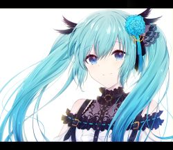 Rule 34 | 1girl, black feathers, black ribbon, blue eyes, blue flower, blue hair, blue ribbon, blue rose, closed mouth, feather hair ornament, feathers, floating hair, flower, hair between eyes, hair flower, hair ornament, hair ribbon, hatsune miku, highres, letterboxed, long hair, looking at viewer, ribbon, rose, simple background, smile, solo, twintails, upper body, very long hair, vocaloid, white background, yuki (yuzuki)