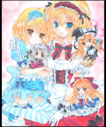 Rule 34 | 2girls, alice margatroid, alice margatroid (pc-98), arm around neck, blonde hair, blue eyes, bow, breasts, broom, capelet, character doll, cleavage, colored pencil (medium), doll, female focus, hair bobbles, hair bow, hair ornament, hairband, hat, hug, hugging doll, hugging object, kirisame marisa, lolita fashion, long hair, marker (medium), mini person, minigirl, multiple girls, mystic square, pekopokox, red eyes, shanghai doll, shikishi, shinki (touhou), short hair, side ponytail, silver hair, striped clothes, striped legwear, striped thighhighs, thighhighs, time paradox, touhou, touhou (pc-98), traditional media, wings, witch, witch hat, yellow eyes, zettai ryouiki