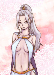 Rule 34 | 1girl, breasts, cleavage, detached sleeves, female focus, gensou suikoden, gensou suikoden i, gensou suikoden ii, gensou suikoden iii, gensou suikoden iv, gensou suikoden v, grey eyes, jeane (suikoden), jesta (artist), long hair, midriff, ponytail, rhapsodia, silver hair, solo