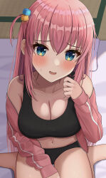 Rule 34 | 1girl, absurdres, aqua eyes, arms at sides, bare shoulders, between legs, black bra, black panties, blush, bocchi the rock!, bra, breasts, cleavage, cleavage cutout, clothing cutout, collarbone, cube hair ornament, day, embarrassed, feet out of frame, furrowed brow, gotoh hitori, hair ornament, hair over shoulder, hand between legs, hand in own hair, highres, hisui (user zvkr2432), hood, hoodie, indoors, jacket, light, long hair, long sleeves, looking away, medium breasts, navel, off shoulder, on bed, open clothes, open jacket, open mouth, panties, pink hair, pink jacket, sidelocks, sitting, smile, solo, sweatdrop, track jacket, underwear, wariza