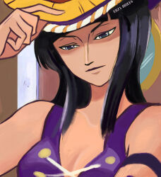 Rule 34 | 1girl, absurdres, armlet, artist name, black hair, blue eyes, close-up, commentary, cross-laced clothes, cross-laced top, erza briefs, hat, highres, holding, holding clothes, holding hat, light smile, looking down, medium hair, nico robin, one piece, purple shirt, shirt, sleeveless, solo, straw hat, upper body