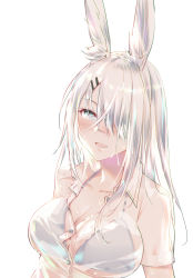 Rule 34 | 1girl, animal ears, arknights, bra, breasts, cleavage, commentary request, frostnova (arknights), grey eyes, hair ornament, hair over one eye, hairclip, highres, large breasts, long hair, looking at viewer, open mouth, rabbit ears, scar, scar on face, scar on nose, see-through, shirt, short sleeves, silver hair, simple background, solo, underwear, upper body, white background, white shirt, xion32