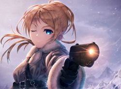 Rule 34 | 1girl, bad id, bad pixiv id, belt, black gloves, blue eyes, brown hair, eyebrows, floating hair, gloves, gun, holding, holding gun, holding weapon, kokkeina budou, kyouou ena, light smile, long hair, long sleeves, looking at viewer, mountain, one eye closed, original, outdoors, snow, solo, v-shaped eyebrows, weapon