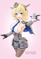 Rule 34 | 1girl, absurdres, artist name, beer can, black gloves, black pantyhose, blonde hair, blue eyes, blue necktie, braid, breasts, budweiser, can, capelet, character name, colorado (kancolle), commentary request, cowboy shot, cropped legs, dated, dress, drink can, elbow gloves, garrison cap, gloves, grey dress, grey hat, hat, headgear, highres, kantai collection, large breasts, looking at viewer, necktie, open mouth, pantyhose, pink background, pleated dress, shirt, short hair, side braids, sideboob, skypixter, sleeveless, smile, solo, white shirt