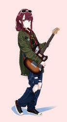 Rule 34 | 1girl, absurdres, badge, brown eyes, brown hair, buttons, chain, checkered clothes, checkered shirt, choker, closed mouth, coat, comme des garcons, commentary, denim, ear piercing, earrings, electric guitar, eyewear on head, full body, grunge (genre), guitar, hair bun, highres, holding, holding instrument, instrument, jeans, jewelry, long sleeves, looking at viewer, nail polish, original, osabe tom, pants, piercing, pink background, plectrum, red legwear, shadow, shirt, shoes, sidelocks, simple background, single hair bun, smile, sneakers, solo, standing, strap, streetwear, sunglasses, torn clothes, torn pants