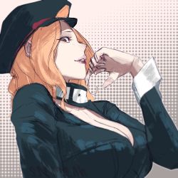 Rule 34 | 10s, 1girl, black bodysuit, blonde hair, bodysuit, boku no hero academia, breasts, cleavage, collar, finger to own chin, green eyes, hat, highres, large breasts, lips, looking at viewer, looking to the side, no bra, parted lips, peaked cap, profile, short hair, skin tight, solo, ssensenh, unzipped, utsushimi kemii