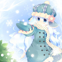 Rule 34 | 1girl, beanie, blue eyes, blue hair, blush, coat, female focus, hat, kurata yumi, long hair, matching hair/eyes, mittens, nature, original, outdoors, outstretched arm, outstretched hand, plant, scarf, sky, snow, snowflakes, solo, winter
