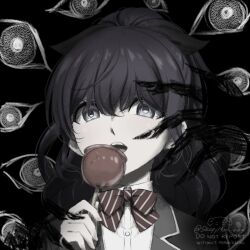 Rule 34 | 1girl, artist name, asahina mafuyu, black background, bow, bowtie, do not repost, food, hair between eyes, highres, holding, holding food, long hair, looking at viewer, open mouth, project sekai, sleepymari zzz, solo, upper body