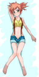 Rule 34 | 1girl, arm behind head, armpits, bad id, bad pixiv id, bare legs, bare shoulders, barefoot, blush, breasts, cameltoe, collarbone, creatures (company), crop top, crop top overhang, denim, denim shorts, feet, full body, game freak, green eyes, highres, knees together feet apart, large breasts, long legs, looking at viewer, lying, midriff, misty (pokemon), navel, nintendo, no panties, no shoes, open clothes, open fly, open shorts, orange hair, outdoors, partially submerged, pokemon, ponytail, shirt, short hair, short ponytail, short shorts, shorts, side ponytail, sleeveless, sleeveless shirt, solo, spread toes, suspenders, tank top, thigh gap, toes, toru k, unzipped, water, wet, wide ponytail, yellow shirt