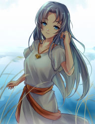 Rule 34 | 1girl, blue background, blue eyes, blue hair, closed mouth, collarbone, cowboy shot, dress, falcom, feena (ys), floating hair, gradient background, hair intakes, haku wi, hand in own hair, highres, jewelry, long hair, looking at viewer, necklace, short sleeves, smile, solo, standing, straight hair, very long hair, wheat, white background, white dress, ys