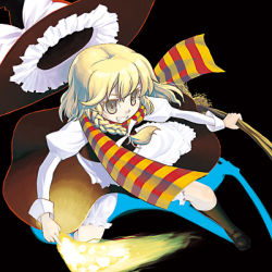 Rule 34 | 1girl, apron, blonde hair, bloomers, braid, broom, female focus, fire, hat, holding, juliet sleeves, kabayaki unagi, kirisame marisa, long sleeves, lowres, multicolored clothes, multicolored scarf, puffy sleeves, scarf, shirt, side braid, skirt, smile, solo, striped clothes, striped scarf, touhou, underwear, white shirt, witch hat, yellow eyes