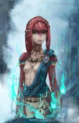 Rule 34 | 1girl, blue fire, blue sash, breasts, colored skin, fire, fog, jewelry, justin paul, looking at viewer, mipha, necklace, nintendo, no nipples, no nose, red skin, sash, small breasts, standing, the legend of zelda, the legend of zelda: breath of the wild, twitter username, water, watermark, web address, zora