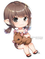 Rule 34 | 10s, 1girl, animal, artist name, black eyes, blunt bangs, blush, boar, brown hair, brown shorts, chibi, choker, closed mouth, copyright request, final fantasy, final fantasy xiv, full body, heart, invisible chair, lalafell, looking at viewer, low twintails, nagu, no socks, petting, pink choker, pointy ears, puffy short sleeves, puffy sleeves, sandals, short sleeves, shorts, signature, simple background, sitting, smile, solo, tareme, toes, twintails, warrior of light (ff14), white background