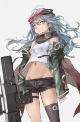 Rule 34 | 1girl, arms at sides, black scarf, black shorts, black thighhighs, closed mouth, expressionless, from below, g11 (girls&#039; frontline), girls&#039; frontline, green jacket, grey background, grey hair, groin, gun, hair between eyes, headband, highres, holding, holding gun, holding weapon, injury, jacket, long hair, long sleeves, looking at viewer, looking down, messy hair, navel, off shoulder, open clothes, open jacket, pouch, rr (realreal), scarf, short shorts, shorts, simple background, single thighhigh, sleeves past wrists, solo, stomach, tank top, thigh pouch, thighhighs, weapon, yellow eyes