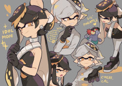 Rule 34 | + +, ankle boots, bandolier, black dress, black footwear, black gloves, black hair, boots, brown eyes, callie (splatoon), closed eyes, closed mouth, coat, commentary, cropped torso, dress, earrings, english commentary, english text, folded ponytail, food, food on head, gloves, gomipomi, grey background, grey hair, hand on own chin, hands in hair, heart, inkling, jewelry, leaning forward, long hair, long sleeves, looking at another, looking at viewer, marie (splatoon), mole, mole under eye, neck ribbon, nintendo, object on head, pantyhose, petting, pointy ears, reaching, reaching towards viewer, ribbon, short hair, simple background, smallfry (splatoon), smile, sparkle, splatoon (series), splatoon 3, squidbeak splatoon, standing, strapless, strapless dress, sushi, swept bangs, tearing up, tentacle hair, very long hair, white coat, white pantyhose