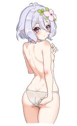 Rule 34 | 1girl, antenna hair, ass, back, bare back, blush, breasts, butt crack, cowboy shot, elf, flower, from behind, gluteal fold, grey hair, hair between eyes, hair flower, hair ornament, highres, kokkoro (princess connect!), looking at viewer, looking back, nipples, parabi, pink hair, pointy ears, princess connect!, shoulder blades, sideboob, simple background, small breasts, solo, topless, underwear, white background