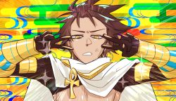 Rule 34 | 1boy, anger vein, armlet, black gloves, black shirt, bracer, brown hair, cape, clenched teeth, cropped shirt, dark skin, dark-skinned male, double v, earrings, egasumi, egyptian, egyptian clothes, emotional engine - full drive, fate/grand order, fate/prototype, fate/prototype: fragments of blue and silver, fate (series), gloves, hands up, highres, jewelry, looking at viewer, male focus, necklace, ozymandias (fate), parody, shiromantou, shirt, short hair, solo, sparkle, teeth, v, white cape, yellow background, yellow eyes