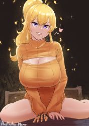 Rule 34 | 1girl, absurdres, aestheticc-meme, ahoge, artist name, bed, blonde hair, blush, breasts, cleavage, cleavage cutout, clothing cutout, heart, highres, large breasts, long hair, looking at viewer, nail polish, ponytail, prosthesis, prosthetic arm, purple eyes, rwby, smile, solo, sweater, thighs, yang xiao long