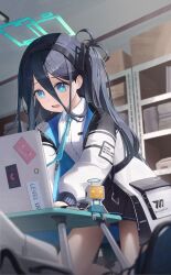 Rule 34 | &lt;key&gt; (robot) (blue archive), 1girl, absurdres, achib, aqua halo, aris (blue archive), black hairband, black skirt, blue archive, blue eyes, blue necktie, box, collared shirt, commentary, computer, foot out of frame, hair between eyes, hairband, halo, highres, indoors, jacket, kneeling, laptop, long hair, long hair between eyes, long sleeves, necktie, one side up, open clothes, open jacket, open mouth, pleated skirt, rectangular halo, ringed eyes, shelf, shirt, skirt, tie clip, white jacket, white shirt