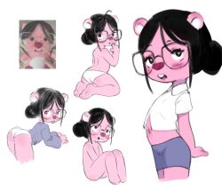 Rule 34 | 1girl, animal ears, animal focus, bare legs, barefoot, black hair, buck teeth, collared shirt, completely nude, cowboy shot, feet, female focus, flat chest, full body, glasses, glasses loopy plushie (meme), gluteal fold, hair bun, knees up, long sleeves, looking at viewer, looking back, loopy (pororo), meme, midriff, miniskirt, multiple views, navel, nude, open mouth, original, panties only, pencil skirt, photo-referenced, pororo the little penguin, qtkat, shirt, short hair, short sleeves, simple background, sitting, skirt, soles, teeth, thighs, toes, topless, white background, white shirt