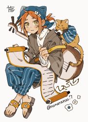Rule 34 | 1boy, :3, animal, blue headwear, blue pants, calligraphy brush, cat, crossed ankles, flower, food, full body, gradient eyes, green eyes, hair flower, hair ornament, head scarf, highres, holding, holding scroll, instrument, instrument on back, long sleeves, looking at viewer, lute (instrument), male focus, multicolored eyes, nanase (nanataroo 7), onigiri, orange hair, original, paintbrush, pants, ponytail, sandals, scroll, short eyebrows, short hair, short ponytail, sidelocks, sleeves past wrists, solo, striped clothes, striped pants, sweater, turtleneck, turtleneck sweater, twitter username, white background, white sweater, yellow eyes