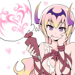 Rule 34 | 1girl, asahi, breast press, breasts, colored skin, cream, cream on body, demon girl, demon wings, gradient hair, horns, large breasts, licking lips, lilith-soft, long hair, lowres, mireille (taimanin asagi), multicolored hair, naked ribbon, nude, pink hair, purple eyes, ribbon, shiny skin, simple background, smile, solo, taimanin (series), taimanin rpgx, tongue, tongue out, upper body, very long hair, white background, white skin, wings