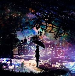 Rule 34 | 1boy, abstract, abstract background, from side, harada miyuki, leaf, looking up, male focus, night, night sky, original, plant, profile, silhouette, sky, solo, star (symbol), tree, umbrella