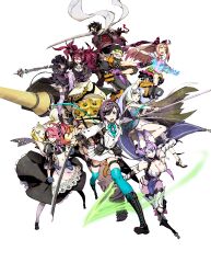Rule 34 | 2boys, 6+girls, 7th dragon (series), 7th dragon iii, absurdres, agent (7th dragon), animal ears, aqua bow, aqua eyes, aqua thighhighs, arika (7th dragon), armor, bandana, banisher (7th dragon iii), black footwear, black hair, boots, bow, breasts, card, checkered bow, checkered clothes, cleavage, closed mouth, dress, duelist (7th dragon), fortuner (7th dragon), god-hand (7th dragon), green eyes, hair bow, helmet, highres, holding, holding weapon, katana, lance, long hair, mage (7th dragon), maid, mask, medium breasts, miwa shirow, mouth mask, multiple boys, multiple girls, murmur (7th dragon), official art, open mouth, pink hair, polearm, ponytail, psd available, purple bow, purple eyes, purple hair, red eyes, rune-knight (7th dragon), samurai (7th dragon), scarf, scythe, short hair, simple background, sunglasses, sword, thighhighs, third-party source, transparent background, urye (7th dragon), weapon, white hair, white scarf, yaiba (7th dragon iii)