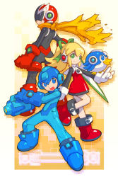 Rule 34 | 1girl, 2boys, :d, android, arm cannon, beat (mega man), proto man, bodysuit, boots, capcom, full body, gloves, knee boots, looking at viewer, multiple boys, nakayama tooru, open mouth, parody, red skirt, mega man (series), mega man (character), mega man (classic), mega man zero (series), roll (mega man), skirt, smile, style parody, weapon, white gloves