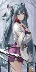 Rule 34 | 1girl, blue eyes, blue hair, china dress, chinese clothes, clothing cutout, cowboy shot, dress, ekina (1217), flower, hair flower, hair ornament, hands on own chest, hatsune miku, highres, holding, holding flower, long hair, long sleeves, looking at viewer, open clothes, open shirt, purple dress, shirt, short dress, side cutout, solo, standing, twintails, very long hair, vocaloid, white shirt