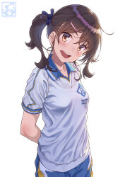 1girl :d aoi_sora_(pairan) arms_behind_back blue_rope blue_shorts blush breasts brown_eyes brown_hair character_name collarbone collared_shirt commentary_request cowboy_shot crossed_bangs emblem gym_shirt gym_uniform hair_between_eyes hair_ornament hair_tie hairclip head_tilt highres looking_at_viewer looking_to_the_side name_tag open_mouth original pairan rope shirt short_sleeves shorts simple_background small_breasts smile solo teeth turning_head twintails upper_teeth_only variant_set watermark white_background white_shirt