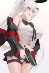 Rule 34 | 1girl, bare shoulders, breasts, earrings, five-seven (girls&#039; frontline), fn five-seven, girls&#039; frontline, gun, hair ornament, hairclip, handgun, high ponytail, highres, jewelry, large breasts, pdw-caliber pistol, saturndxy, solo, weapon, white hair, yellow eyes