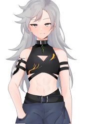 Rule 34 | 1girl, abs, adapted costume, bare shoulders, blush, breasts, centipede print, cleavage, cleavage cutout, closed mouth, clothing cutout, collar, commentary request, cowboy shot, expressionless, eyebrows hidden by hair, grey eyes, grey hair, hair between eyes, hand in pocket, highres, himemushi momoyo, long hair, looking at viewer, majime joe, midriff, navel, nose blush, shoulder tattoo, simple background, small breasts, solo, tattoo, touhou, very long hair, white background