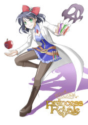 Rule 34 | 1girl, apple, arashi sora, bad id, bad pixiv id, black hair, boots, bow, colored shadow, copyright name, dress, earrings, food, fruit, fume, green eyes, grin, hair bow, hair ornament, jewelry, lab coat, looking at viewer, pantyhose, parted lips, poison, princess royale, shadow, skull hair ornament, smile, smoke, snow white, snow white (grimm), solo, thigh boots, thighhighs, vial