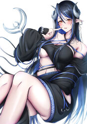Rule 34 | 1girl, absurdres, bandeau, belt, black bandeau, black belt, black hair, black jacket, black skirt, blue belt, blue hair, blush, breasts, brown eyes, chest belt, cleavage, clothes writing, collarbone, commentary request, curled horns, demon girl, demon horns, demon tail, fangs, feet out of frame, fingernails, grey horns, hair between eyes, hebiyoi tier, hebiyoi tier (1st costume), highres, hip vent, horns, jacket, large breasts, long hair, long sleeves, looking at viewer, multicolored hair, nanashi inc., navel, off shoulder, open clothes, open jacket, open mouth, pink nails, pointy ears, russian text, sidelocks, simple background, skirt, smile, snake bite, solo, sugar lyric, tail, two-tone hair, underboob, virtual youtuber, white background, yuyukko