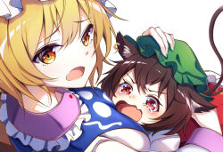 Rule 34 | 2girls, animal ear fluff, animal ears, blonde hair, breasts, brown hair, cat ears, cat tail, chen, crying, crying with eyes open, dress, frilled dress, frills, green headwear, hat, long sleeves, looking at viewer, medium breasts, mob cap, multiple girls, multiple tails, nekomata, open mouth, red skirt, red vest, shirt, short hair, skirt, tabard, tail, tears, touhou, two tails, vest, white background, white dress, white headwear, white shirt, yakumo ran, yamanakaume, yellow eyes